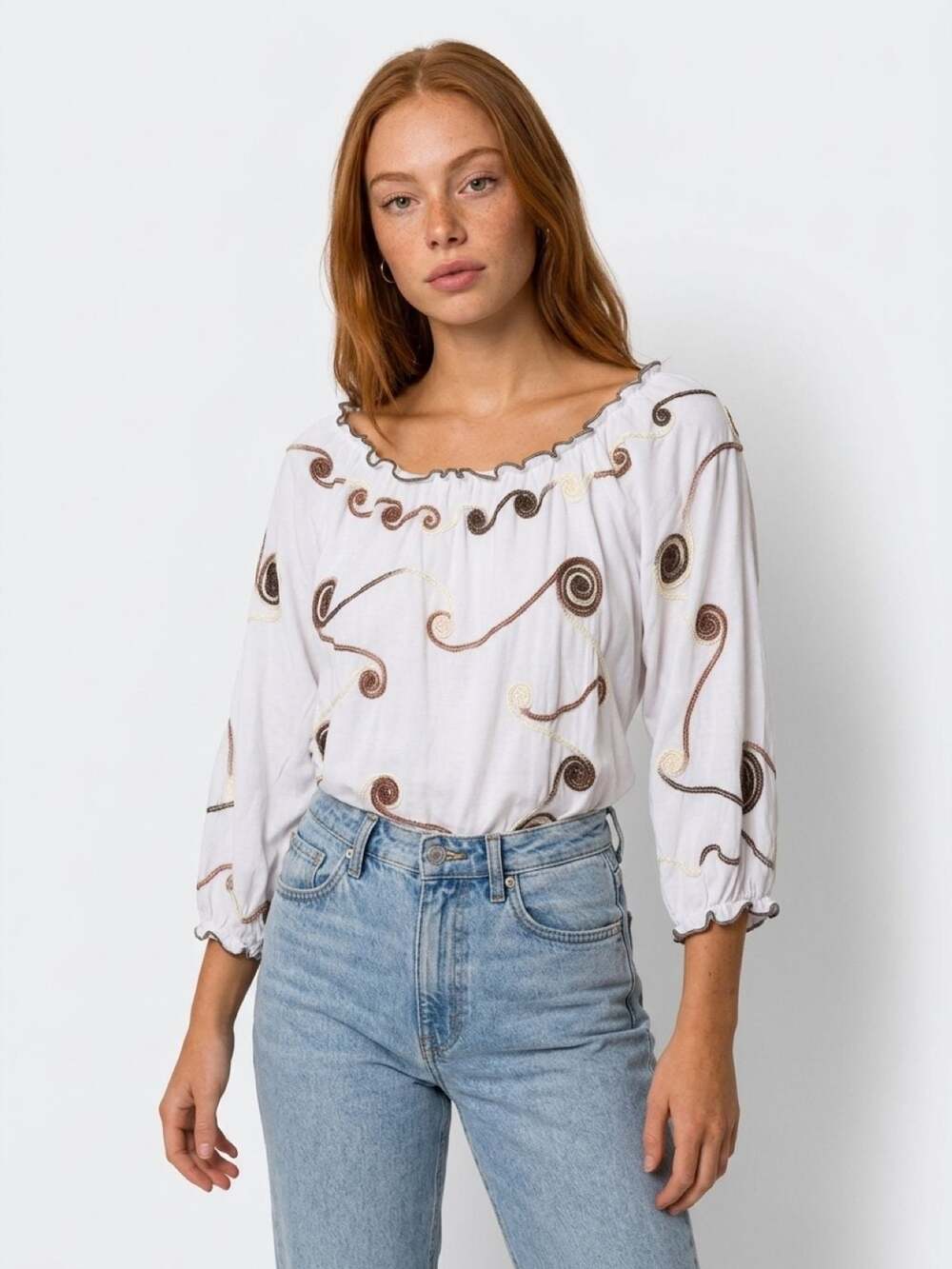 Lauren Michelle White Blouse with Swirly Yarn Embroidery and Ruffled Boat Neck